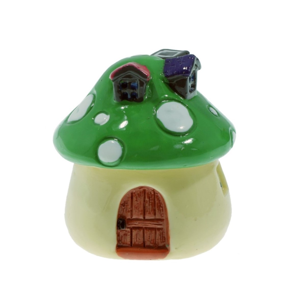 Miniatura casuta din rasina forma ciuperca cu acoperis verde 1 8x1 5cm 389571