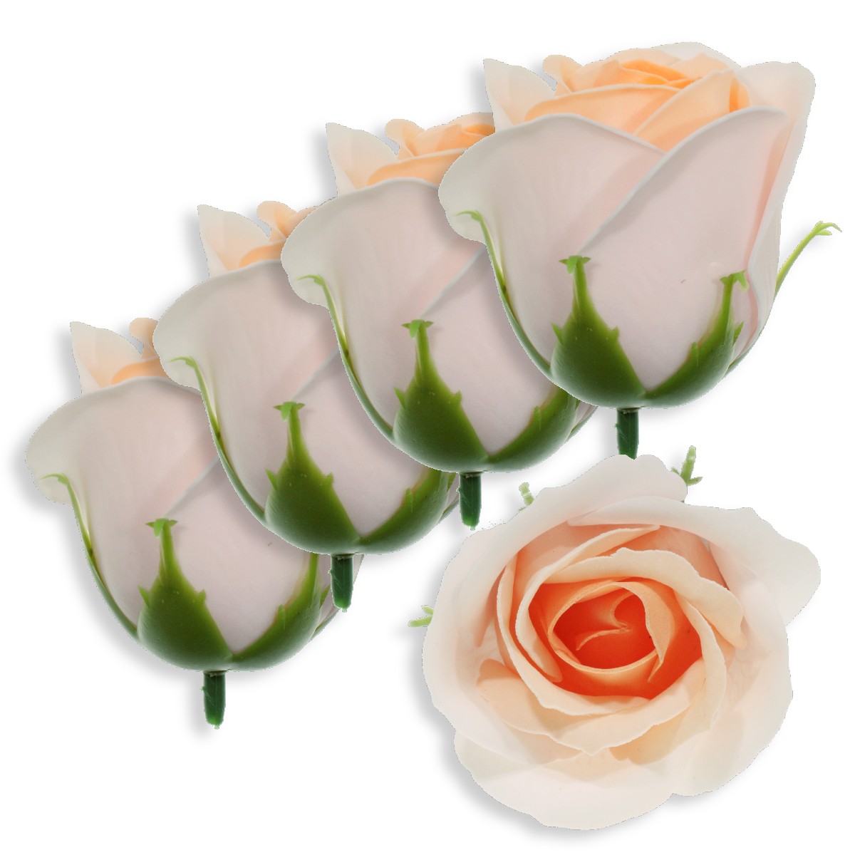 Trandafir din sapun in 3 culori roz caisa portocaliu 5cm cu tija din plastic 5 set