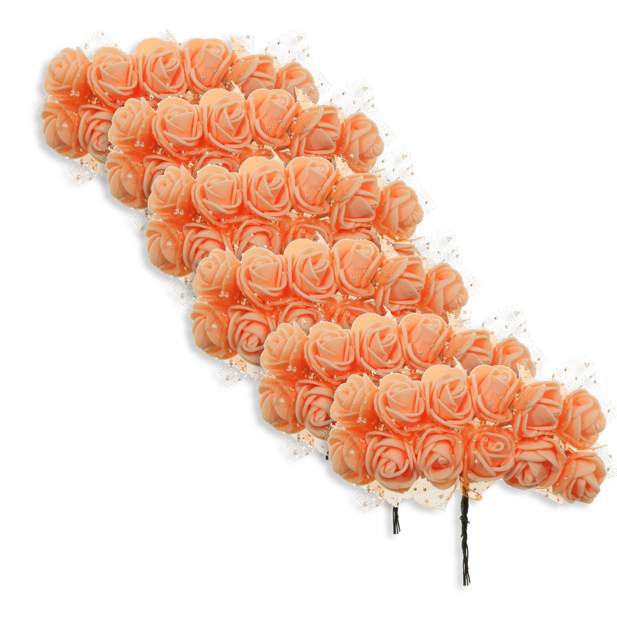 Trandafir carton buretat cu tul portocaliu pal 2cm 6x12 fire set