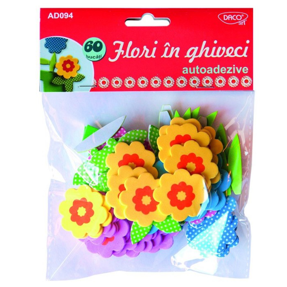 Floare in ghiveci carton buretat multicolor cu adeziv 60 set Daco AD094